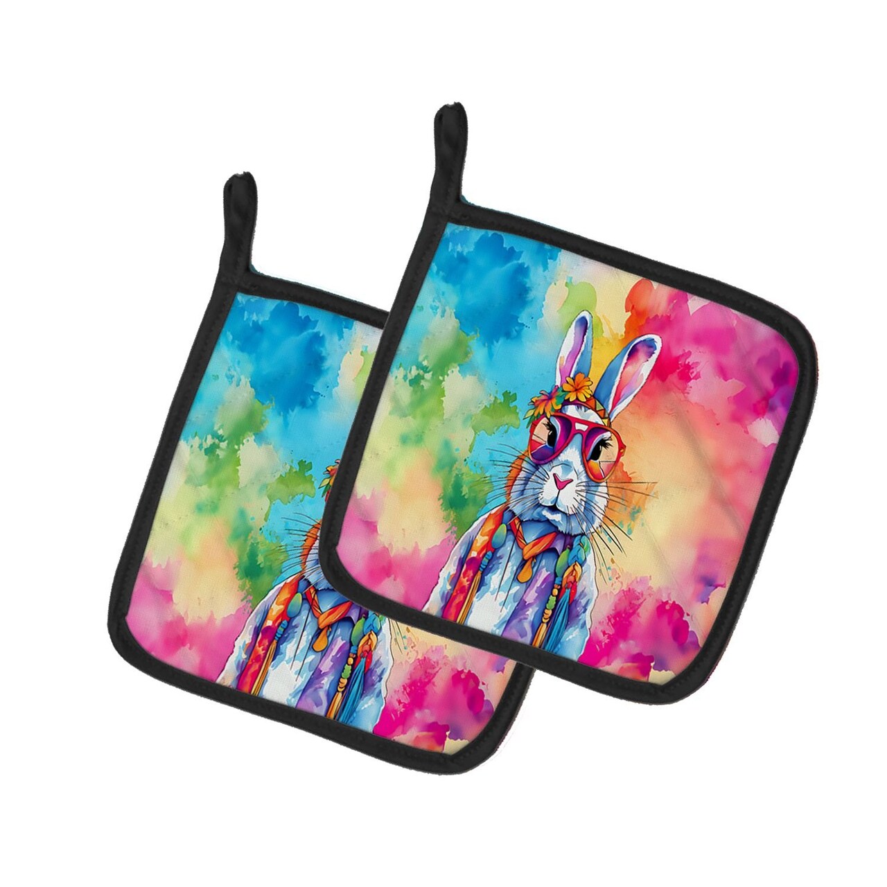 Edge Collections - 7.5" x 7.5" - Multicolor - NEW Hippie Animal Rabbit Pot Holders - 1 Pair